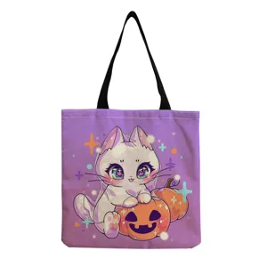 Schattige anime kat canvas shopper tas, paarse esthetische schouderhandtas voor dagelijks.