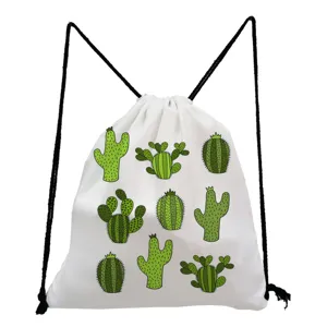 Close-up of white drawstring backpack featuring green cactus prints and black cord details.