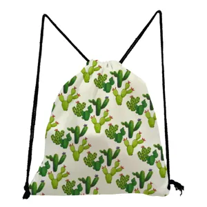 Cute green cactus print canvas drawstring bag, folding large capacity daily storage backpack.
