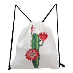 White cactus print drawstring backpack casual daily storage lightweight fashion simple bag design