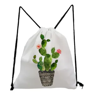 Detail view of a white drawstring backpack featuring a trendy watercolor cactus plant print.
