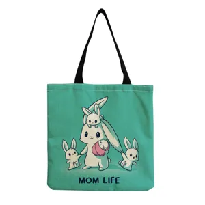 Schattige cartoon konijn canvas tote bag met MOM LIFE print, grote casual schoudertas.
