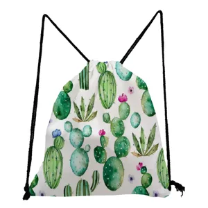 Close up view of the cactus pattern drawstring bag detail showing watercolor plants.