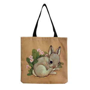 Leuke konijnenprint canvas schoudertas, grote capaciteit casual handtas voor dagelijks gebruik.