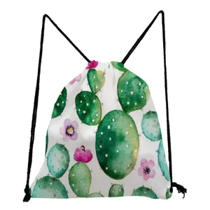 Watercolor cactus print drawstring backpack, casual lightweight storage bag for daily use.