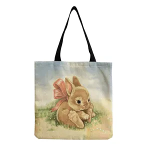 Canvas shopper tas met schattig konijnenmotief en roze strik. Ideaal voor dagelijks gebruik.