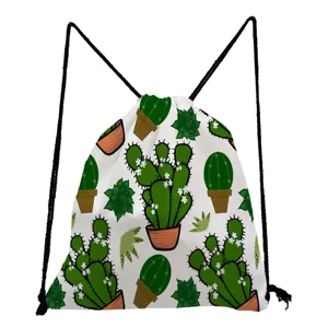 Cactus print drawstring backpack with cute green succulent pattern, lightweight daily storage gym bag.
