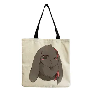 Leuke konijnenprint canvas shopper tas detailweergave, casual schoudertas voor dagelijks gebruik.