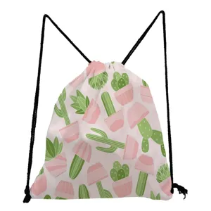 Fresh cactus print drawstring backpack for women, casual daily storage and travel bag.