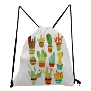 White canvas drawstring backpack with cute potted cactus print daily storage bag