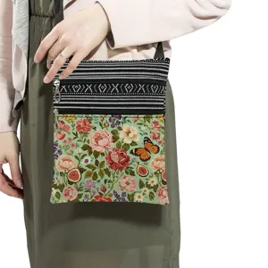 Vintage floral print crossbody bag with stripes and adjustable shoulder strap for daily use.