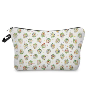 Floral strawberry print cosmetic bag, portable makeup pouch for daily travel use.
