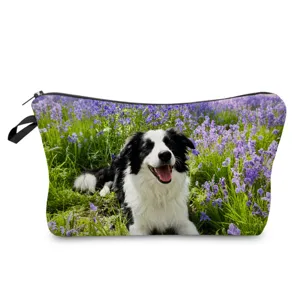 Detailed view of cute puppy print cosmetic bag, portable toiletry pouch for daily travel storage.