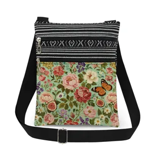Women Fashion Polyester Crossbody Bag Double Zipper Vintage Floral Printed Shoulder Bag Adjustable Strap Lightweight Messenger Bag