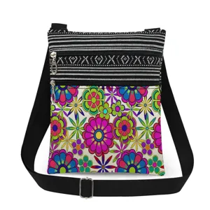 Women Casual Polyester Floral Print Crossbody Bag Double Zipper Shoulder Bag Adjustable Strap Messenger Satchel Daily Handbag
