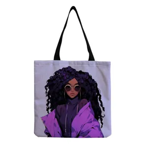 Stylish canvas tote bag featuring unique purple illustration print and sturdy black shoulder straps.