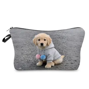 Cute puppy print cosmetic bag, portable makeup pouch for daily travel and skincare items.