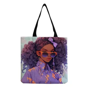 Fashion canvas tote bag featuring stylish black woman print, casual shoulder bag for women.