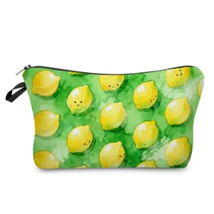 Cute lemon print cosmetic bag for travel, waterproof makeup pouch with zipper closure.