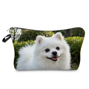 Portable white dog print cosmetic bag, cute zipper travel toiletry makeup storage pouch.