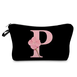 Bolsa de maquillaje negra con letra floral P estuche cosmético ligero neceser de viaje