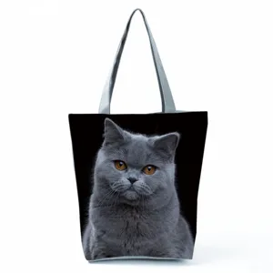 Large capacity grey cat print canvas tote bag, casual shoulder handbag with zipper closure.