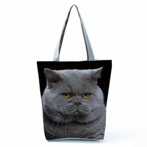 Large capacity black cat print tote bag, casual shoulder handbag for travel and daily use.