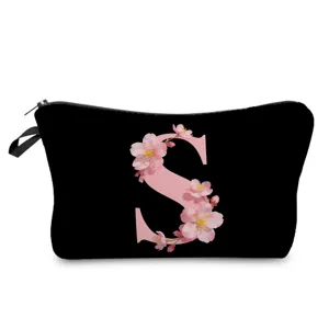 Bolsa de maquillaje negra con estampado de letras S de flor de cerezo rosa estuche con cremallera