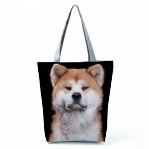 Dog print canvas tote bag detail, large capacity shoulder handbag with zipper closure.