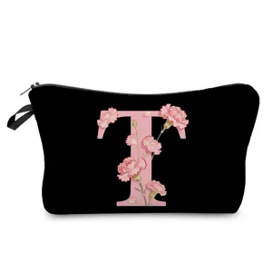 Bolsa de cosmeticos negra con letra T floral estuche de maquillaje portatil con cremallera
