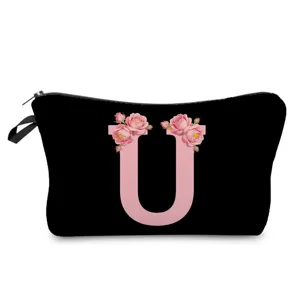 Bolsa cosmetica negra con letras U y flores, estuche de maquillaje ligero con cremallera.