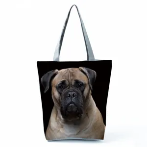 Detailed view of the large capacity canvas tote bag featuring realistic dog portrait print.