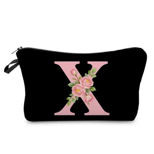 Bolso cosmético negro con letra X rosa y estampado floral, bolsa de maquillaje ligera.