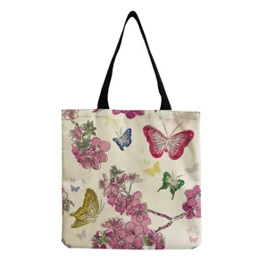 Baumwoll-Leinen Tragetasche mit buntem Design, Blumen und Schmetterling Damentasche.
