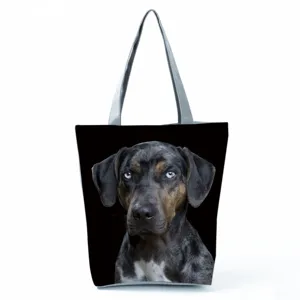 Large capacity canvas tote shoulder bag with cool blue-eyed dog print design for travel