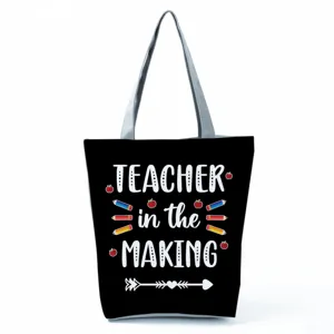 Black Canvas Teacher Tote Bag Large Capacity Casual Shoulder Bag Daily Shopping Handbag