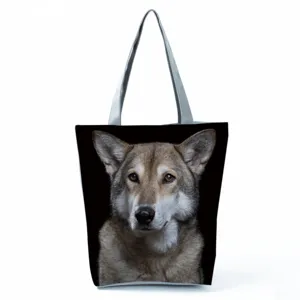 Large capacity casual shoulder tote bag featuring realistic wolf print for daily use.