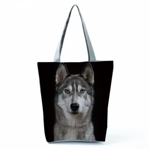 Large capacity canvas tote bag with cute husky dog print casual shoulder handbag daily use.