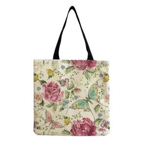 Baumwolle Leinen Blumen Schmetterling Tragetasche Vintage wiederverwendbare Handtasche