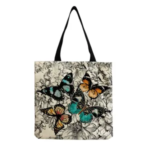 Baumwoll-Leinen Tragetasche mit buntem Schmetterling und Blumenmuster, wiederverwendbare Tasche.