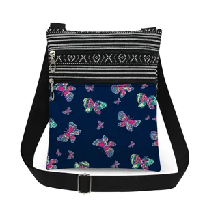 Bolso bandolera ligero con doble cremallera, estampado de mariposas y correa ajustable.