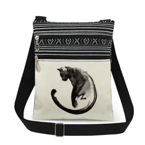 Black cat print cross-body bag, casual canvas messenger bag with adjustable strap.