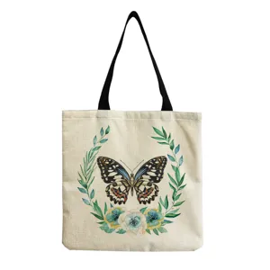 Leinwand Tragetasche mit Aquarell Schmetterling Blumenkranz Design Wiederverwendbare Tasche