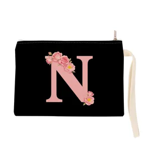 Black canvas cosmetic bag with pink letter N and floral print, portable wristlet pouch.