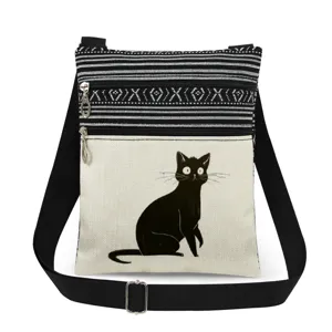 Canvas crossbody bag with cute black cat print, double zipper, adjustable strap for daily use.