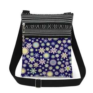Detailed view of casual crossbody messenger bag with floral print, double zippers, and adjustable strap.