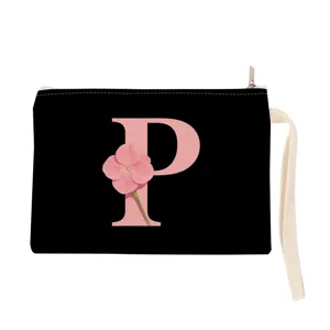 Black canvas cosmetic bag with pink letter P design, portable zipper makeup pouch for women.