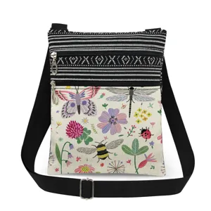 Vista detallada del bolso cruzado con estampado de mariposas y flores y correa ajustable.