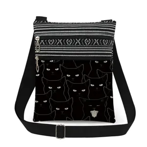 Close-up detail of the black cat print crossbody bag, featuring double zippers and striped top.