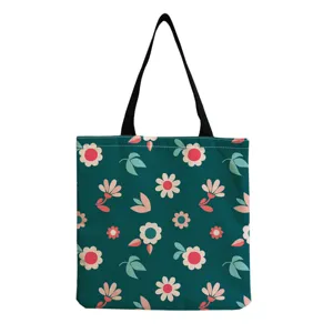 Detailansicht der Retro-Blumen-Leinentragetasche mit dunkelgrünem botanischen Muster.